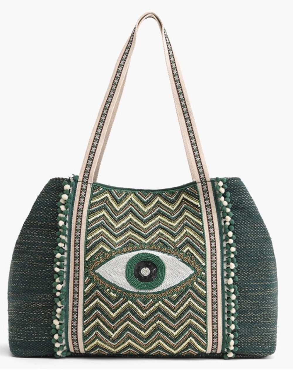NWT America & Beyond Boho Green Evil Eye Embellished Tote Bag ๐งฟ